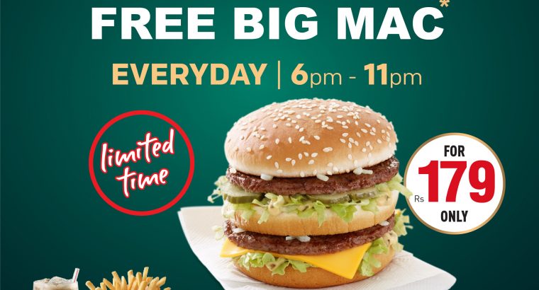 McDonald’s – For any purchase of a Big Mac Large Value Meal at Rs 179, you will get a free Big Mac burger only