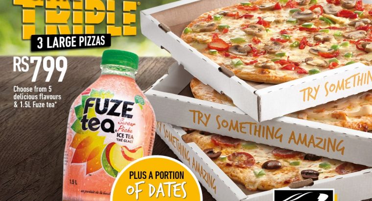 Debonairs Pizza – 3 Large Pizzas at Rs 799