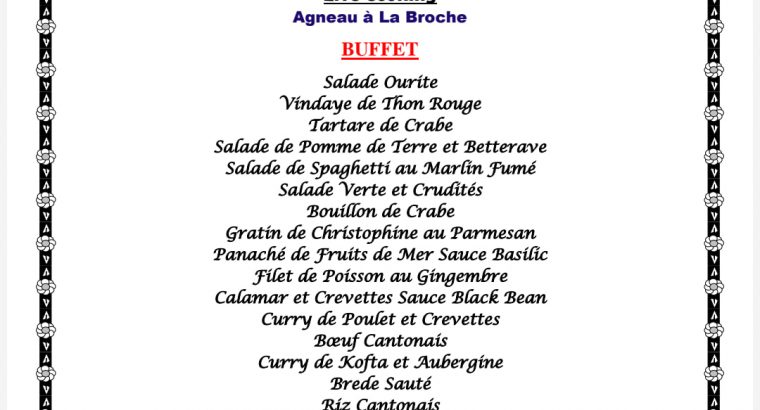 Restaurant Réve d’R – dinner dansant Buffet  Rs1200 29 June 2019