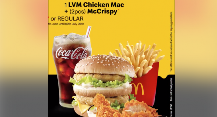 McDonald’s Flacq – For Rs 249 only, you get 1 LVM Chicken Mac and 2 pieces McCrispy