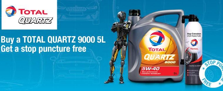 Pour chaque achat de TOTAL QUARTZ 9000, en logement de 5 litres, recevez un STOP Crevaison,  gratuitement.