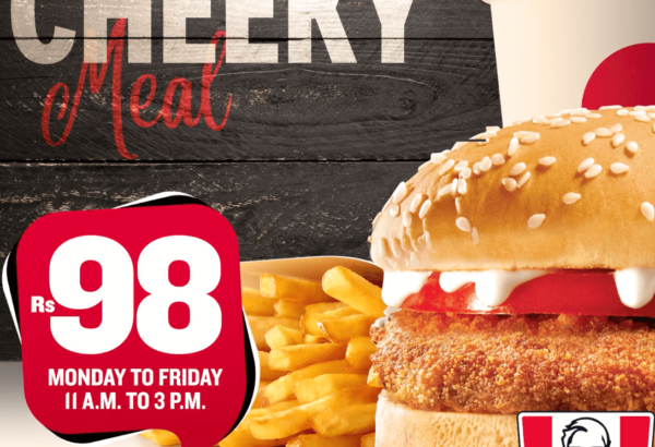 KFC Maurice – Rs 98. Burger Meal – Monday to Friday between 11h and 15h for only Rs. 98