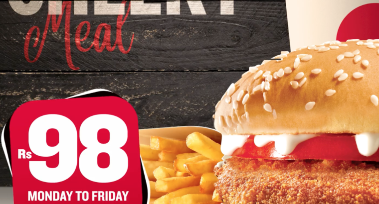 KFC Maurice – Rs 98. Burger Meal – Monday to Friday between 11h and 15h for only Rs. 98